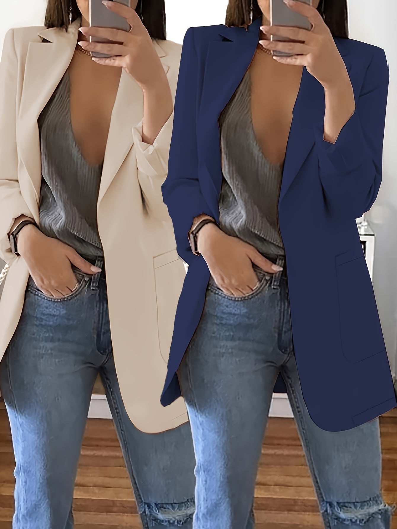 2pcs Fashion Casual Solid Color Lapel Slim Fit Cardigan Suit Jacket for Women Spring Summer Autumn